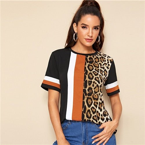 Color Block Cut-and-Sew Leopard Panel Top Short Sleeve O-Neck Casual T Shirt Women Summer Leisure Ladies Tshirt Tops-9
