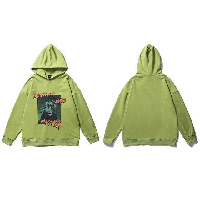 Hip Hop Hoodie Sweatshirt Men Harajuku Japanese Anime Hoodie Streetwear Cartoon Girl Green Hair Hooded Pullover Autumn-6