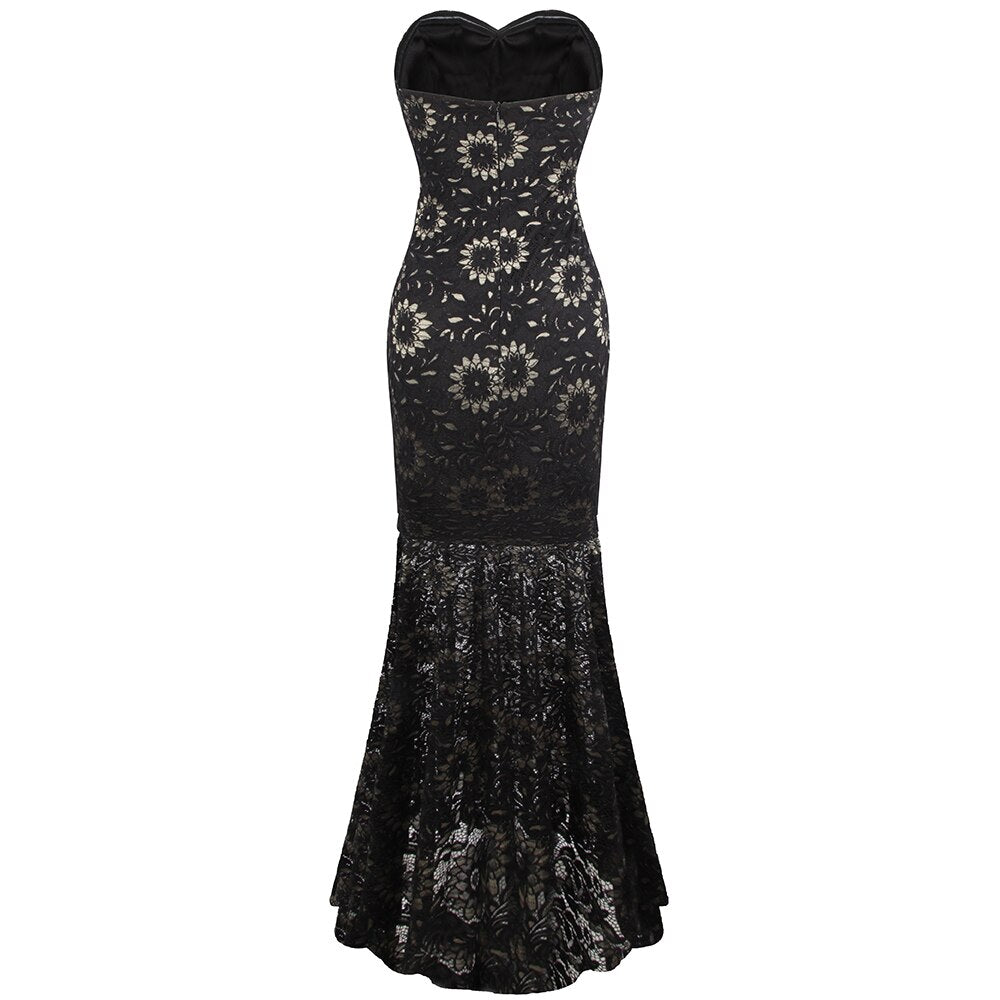Strapless Floral Lace See Through Mermaid Formal Long Evening Dresses Black-1