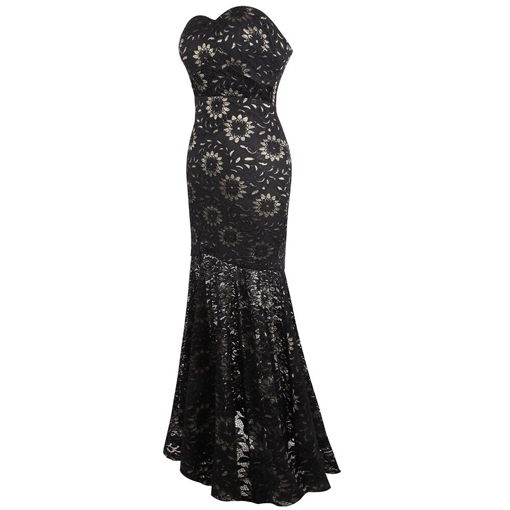 Strapless Floral Lace See Through Mermaid Formal Long Evening Dresses Black-2
