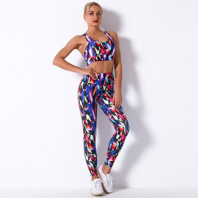 Seamless Floral Print Gym Yoga Set Fashion Fitness Vest Crop Top Leggings Suit Push Up Workout Training Running Energy Clothing-9