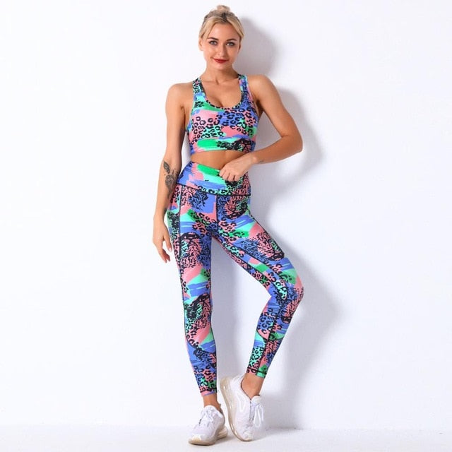 Seamless Floral Print Gym Yoga Set Fashion Fitness Vest Crop Top Leggings Suit Push Up Workout Training Running Energy Clothing-5