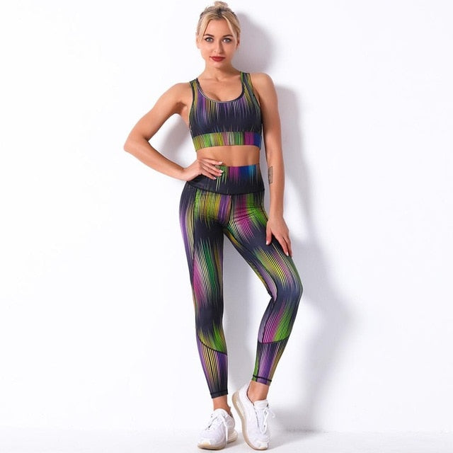 Seamless Floral Print Gym Yoga Set Fashion Fitness Vest Crop Top Leggings Suit Push Up Workout Training Running Energy Clothing-12
