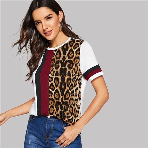 Color Block Cut-and-Sew Leopard Panel Top Short Sleeve O-Neck Casual T Shirt Women Summer Leisure Ladies Tshirt Tops-6