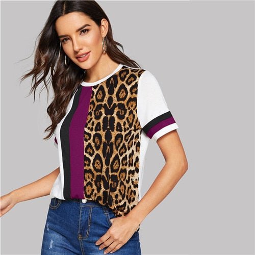Color Block Cut-and-Sew Leopard Panel Top Short Sleeve O-Neck Casual T Shirt Women Summer Leisure Ladies Tshirt Tops-11