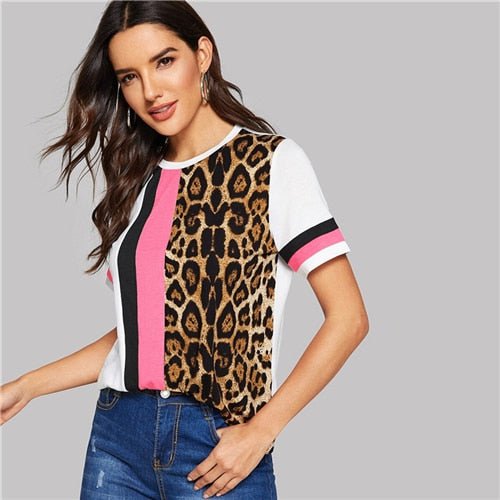 Color Block Cut-and-Sew Leopard Panel Top Short Sleeve O-Neck Casual T Shirt Women Summer Leisure Ladies Tshirt Tops-10