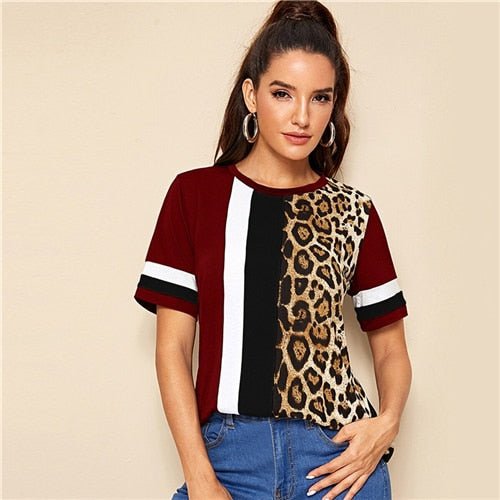 Color Block Cut-and-Sew Leopard Panel Top Short Sleeve O-Neck Casual T Shirt Women Summer Leisure Ladies Tshirt Tops-0