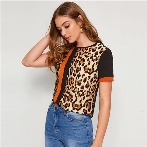 Color Block Cut-and-Sew Leopard Panel Top Short Sleeve O-Neck Casual T Shirt Women Summer Leisure Ladies Tshirt Tops-7