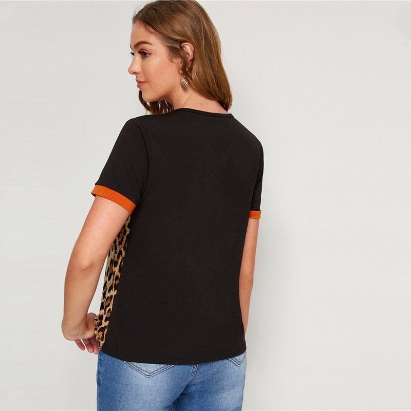 Color Block Cut-and-Sew Leopard Panel Top Short Sleeve O-Neck Casual T Shirt Women Summer Leisure Ladies Tshirt Tops-2