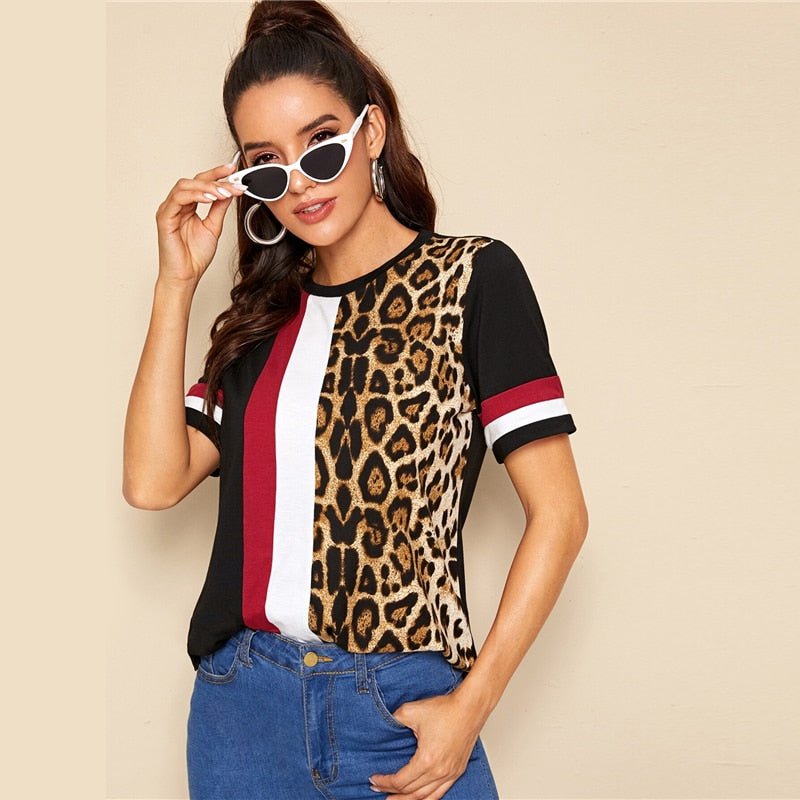 Color Block Cut-and-Sew Leopard Panel Top Short Sleeve O-Neck Casual T Shirt Women Summer Leisure Ladies Tshirt Tops-1