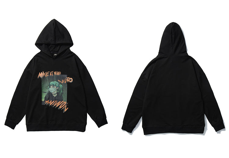 Hip Hop Hoodie Sweatshirt Men Harajuku Japanese Anime Hoodie Streetwear Cartoon Girl Green Hair Hooded Pullover Autumn-1