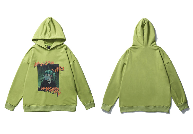 Hip Hop Hoodie Sweatshirt Men Harajuku Japanese Anime Hoodie Streetwear Cartoon Girl Green Hair Hooded Pullover Autumn-3