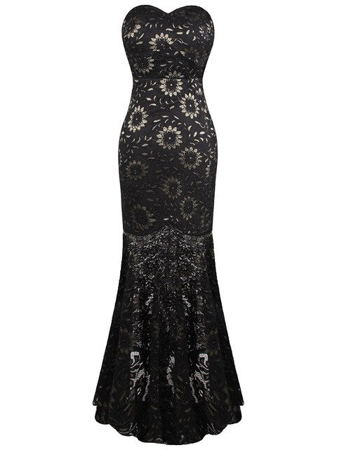 Strapless Floral Lace See Through Mermaid Formal Long Evening Dresses Black-0